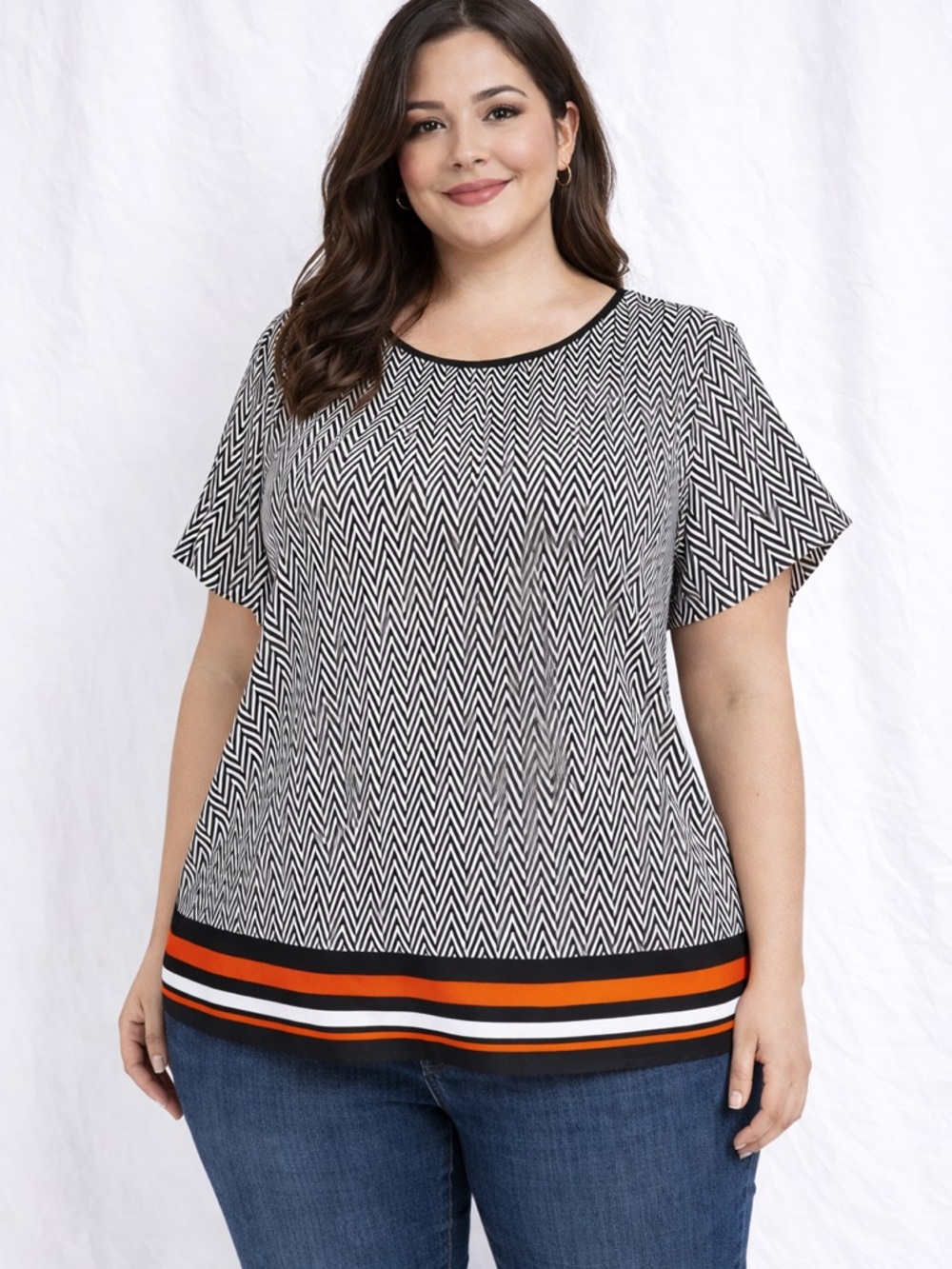 Jones New York Black‎ and White Chevron Blouse with Orange Trim